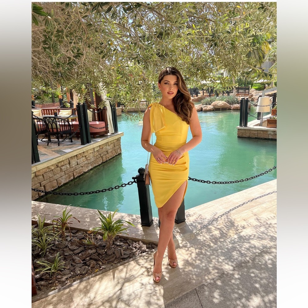NEW SEASON Stunning Lavish Alice one shoulder satin bow midi dress in yellow